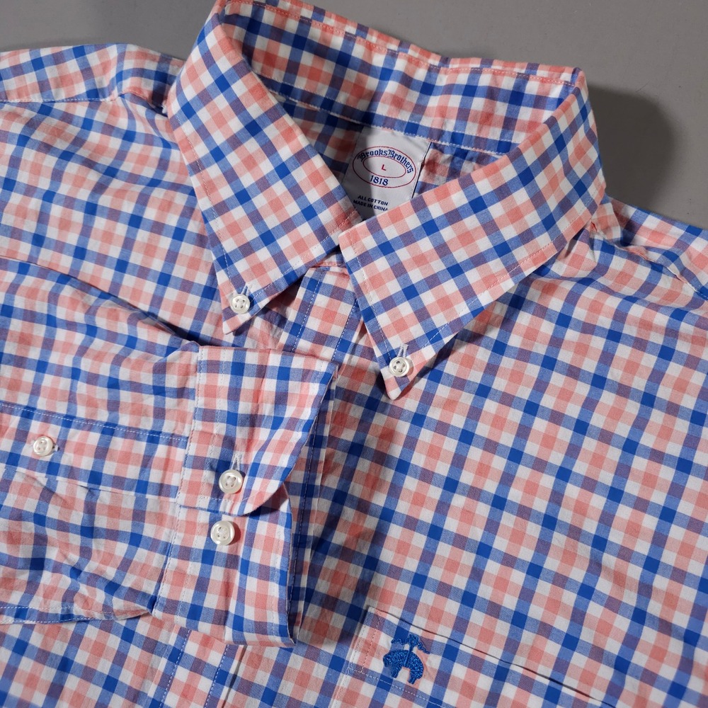 Brooks Brothers Button Down Shirt Mens L Pink Blue Gingham Check Long‎ Sleeve
